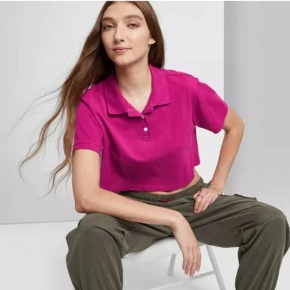 wild fable Tops - *WILD FABLE* Women's Short Sleeve Rugby Polo Crop Top Large Pink